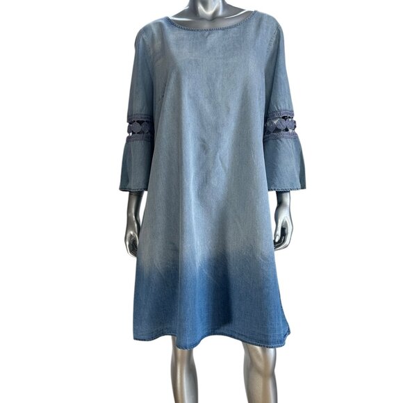 A.N.A Denim Ombre Shift Dress W/ Crochet Bell Sleeves Size 16 - Picture 2 of 8